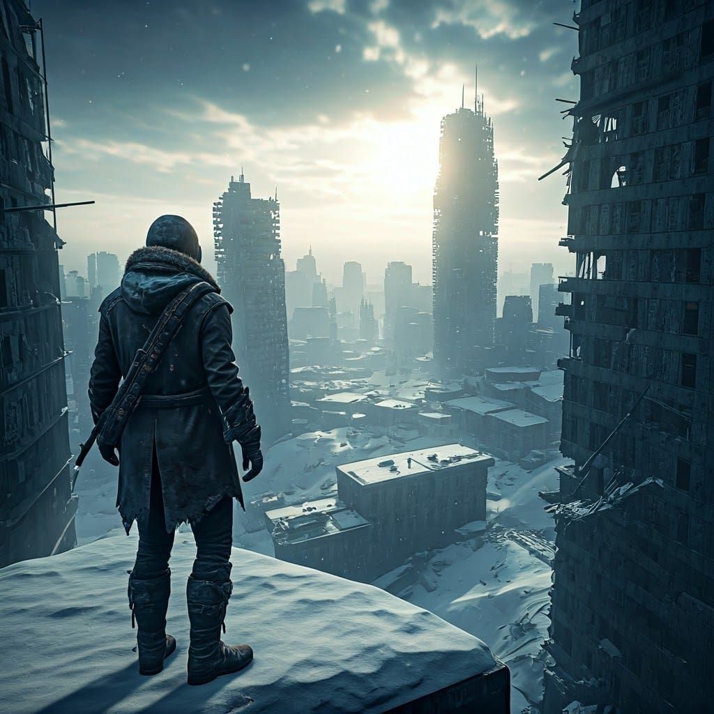 Cyberpunk Post-Apocalypse Survivor in Frozen Cityscape