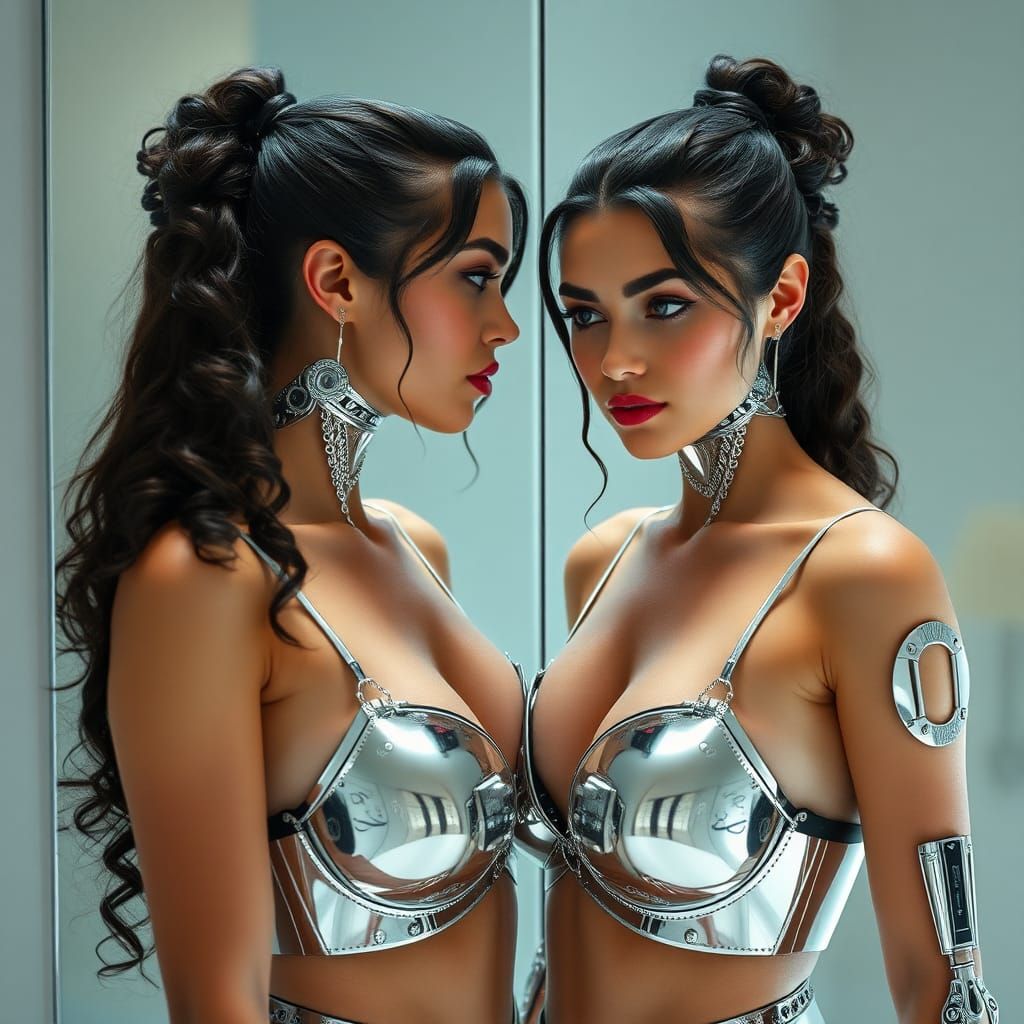 Chrome Cyborg Woman Gazing at Reflection