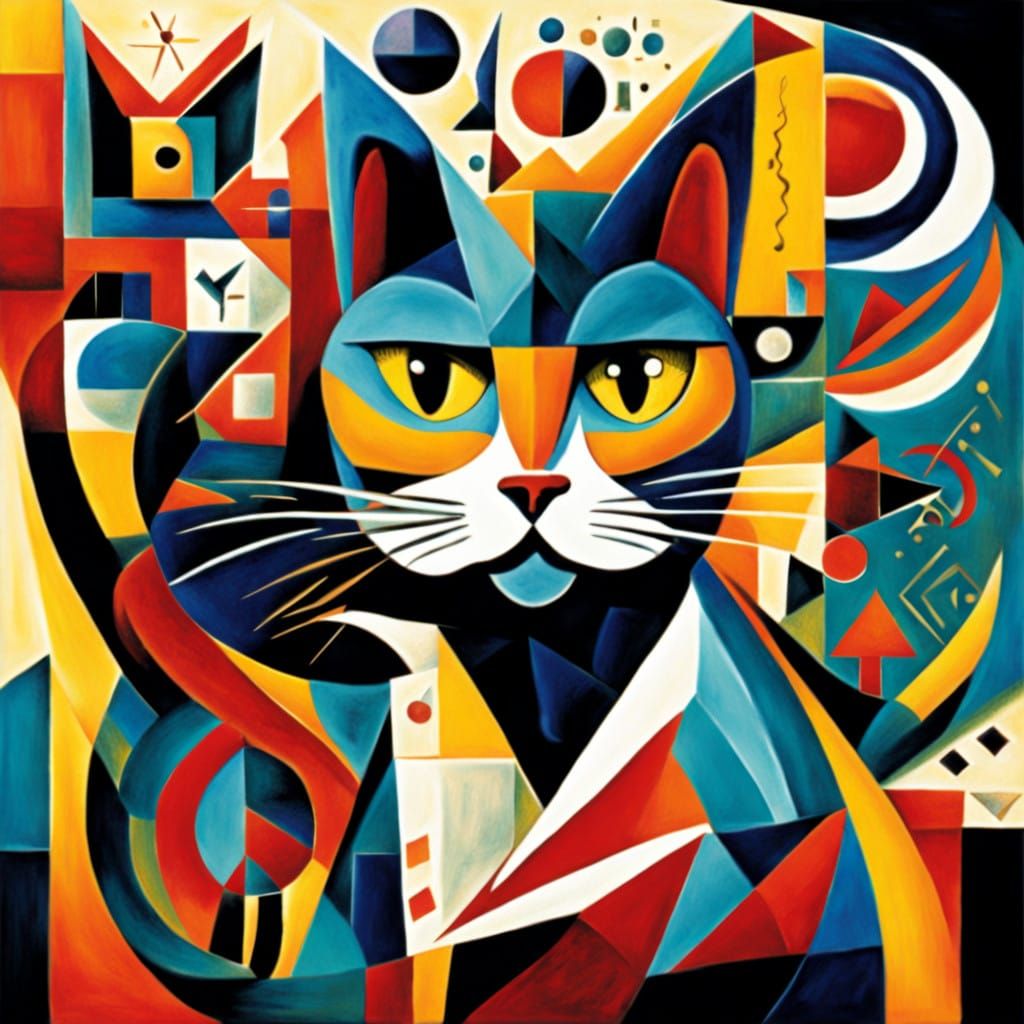 Futuristic Cat Amidst Whimsical Equations in Vibrant Cubist...