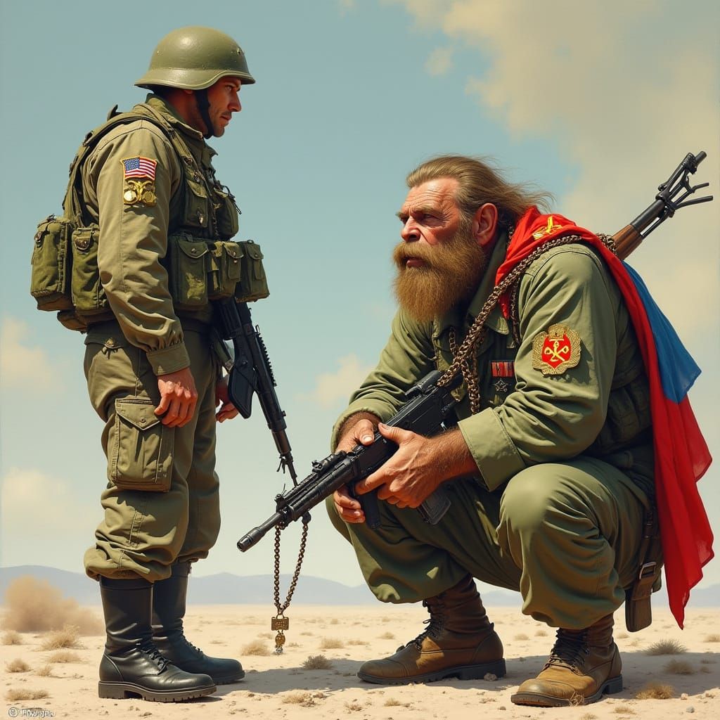 Neanderthal Soviet Soldier Confronts Modern American