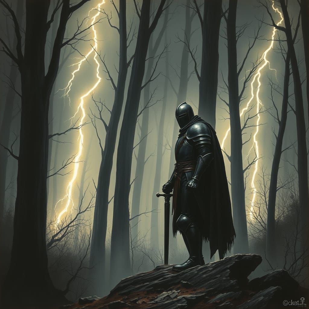 Dark Armoured Knight in Haunting Mystical Forest