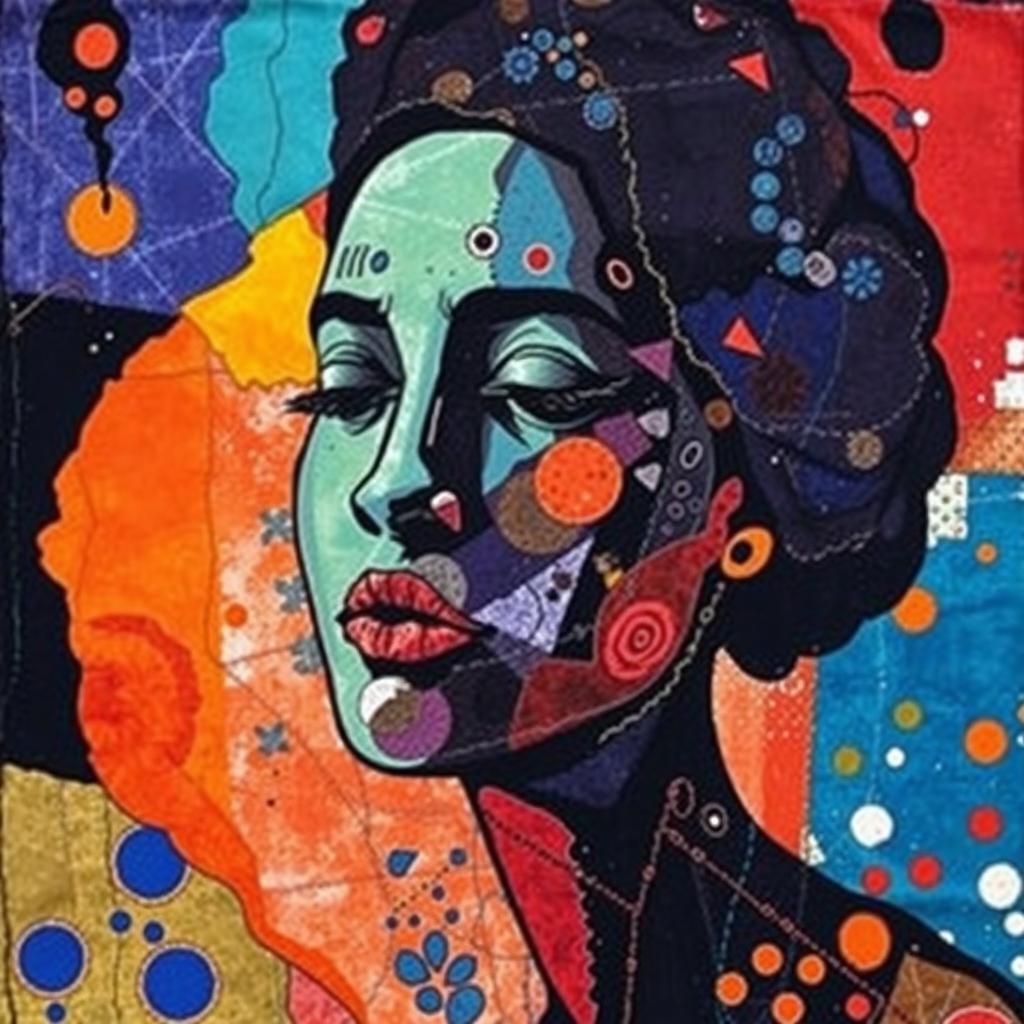 Abstract Expressionist Batik Fabric Portrait of a Woman