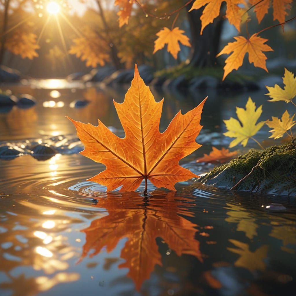 Magical Autumn Leaf Hovering Over Water at Sunset