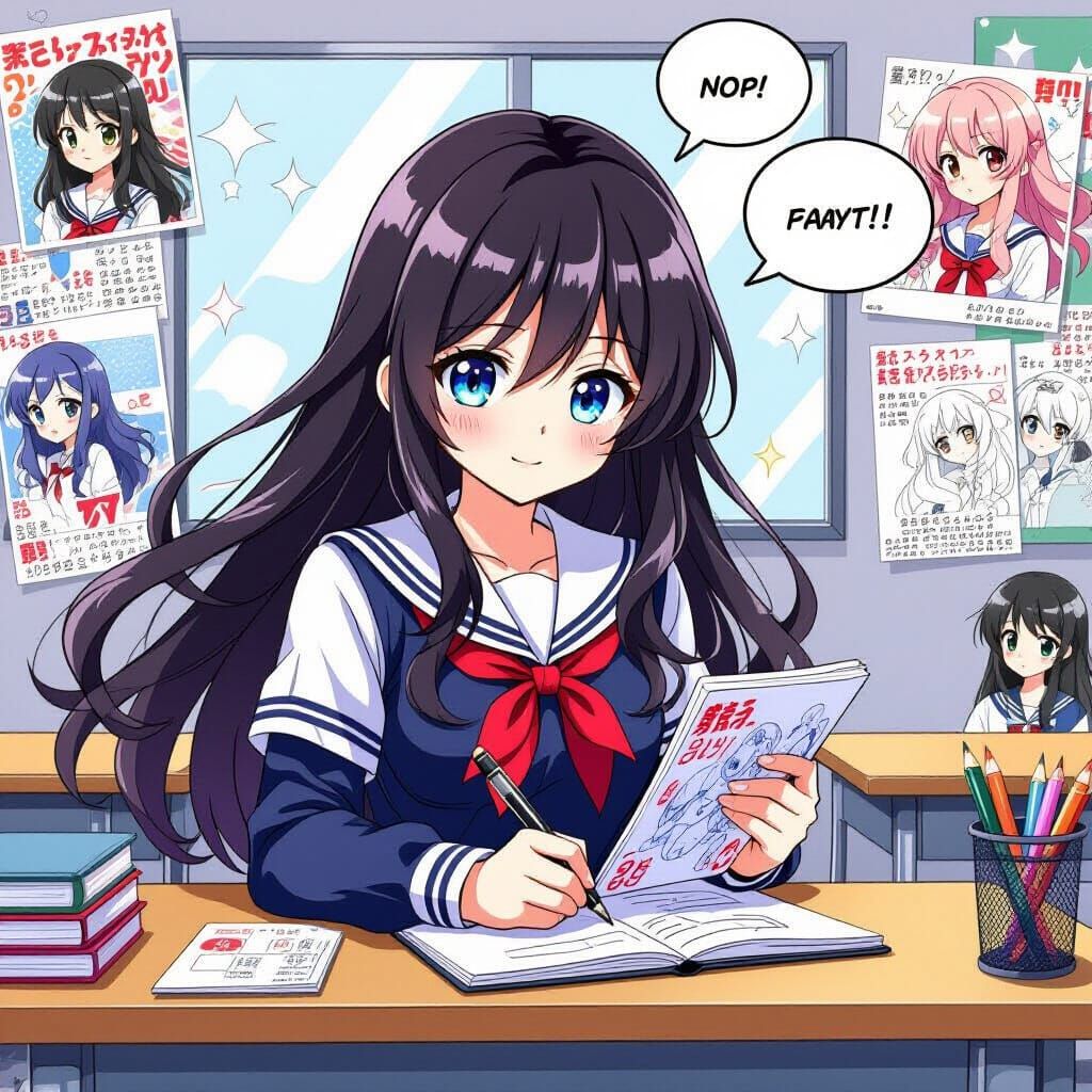 Manga Schoolgirl Sketching in Anime Classroom