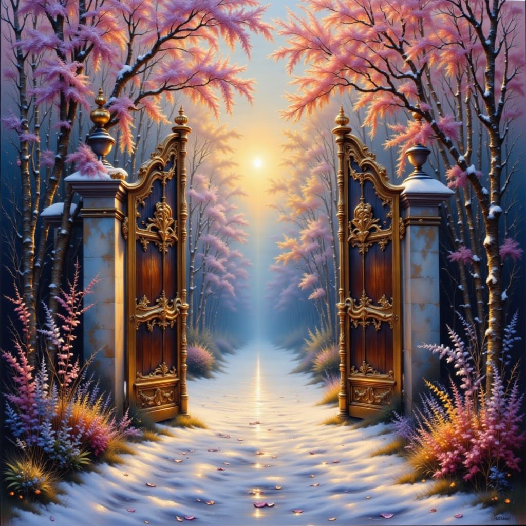 Victorian Gate with Flowering Trees in Fantasy Style