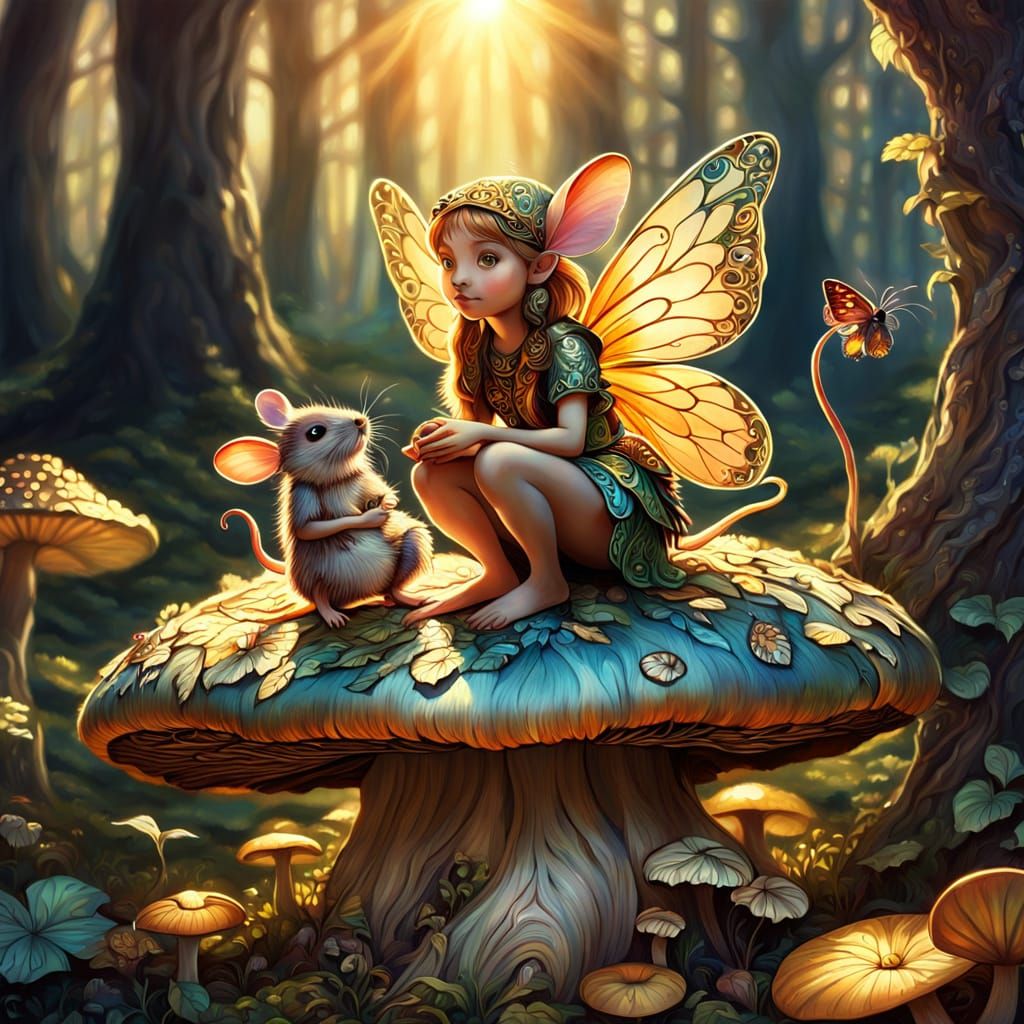Fairy, Dwarf, and Mouse in a Whimsical Forest