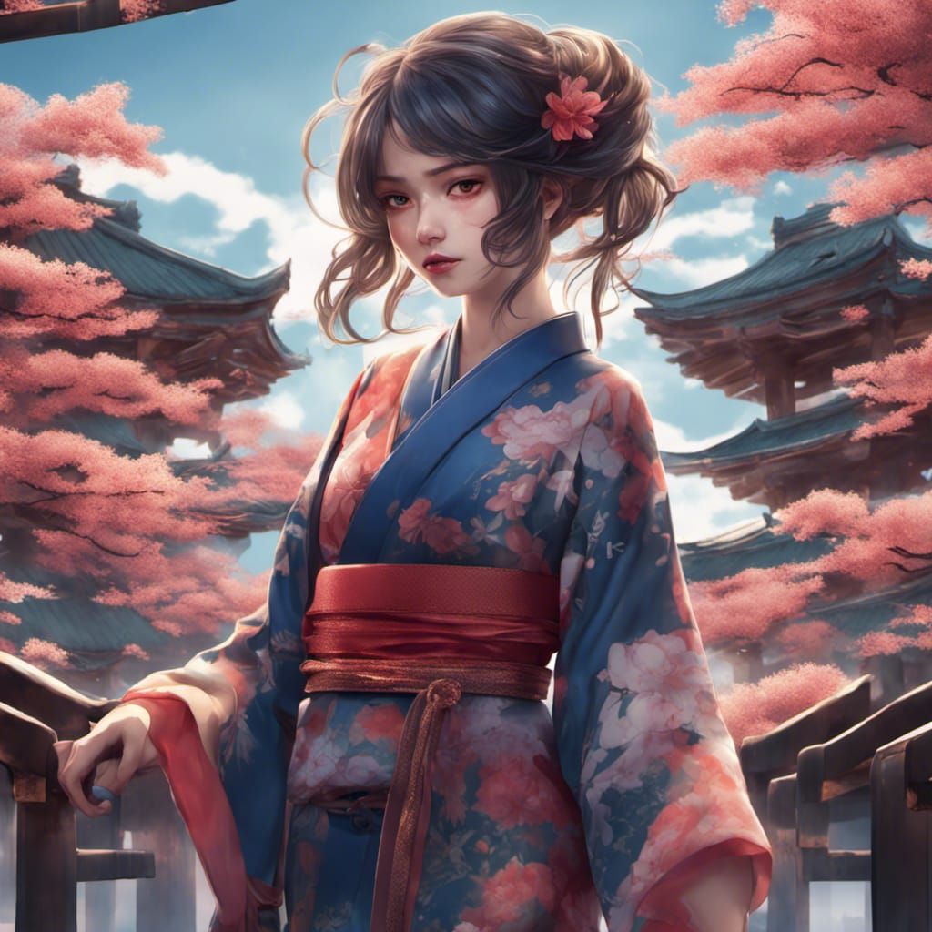 Cool Girl in Kimono: Manga Style Detailed Painting