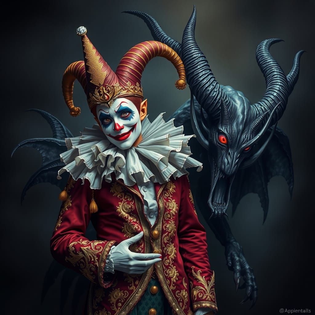 Regal Jester and Horned Demon in Surreal Dreamscape