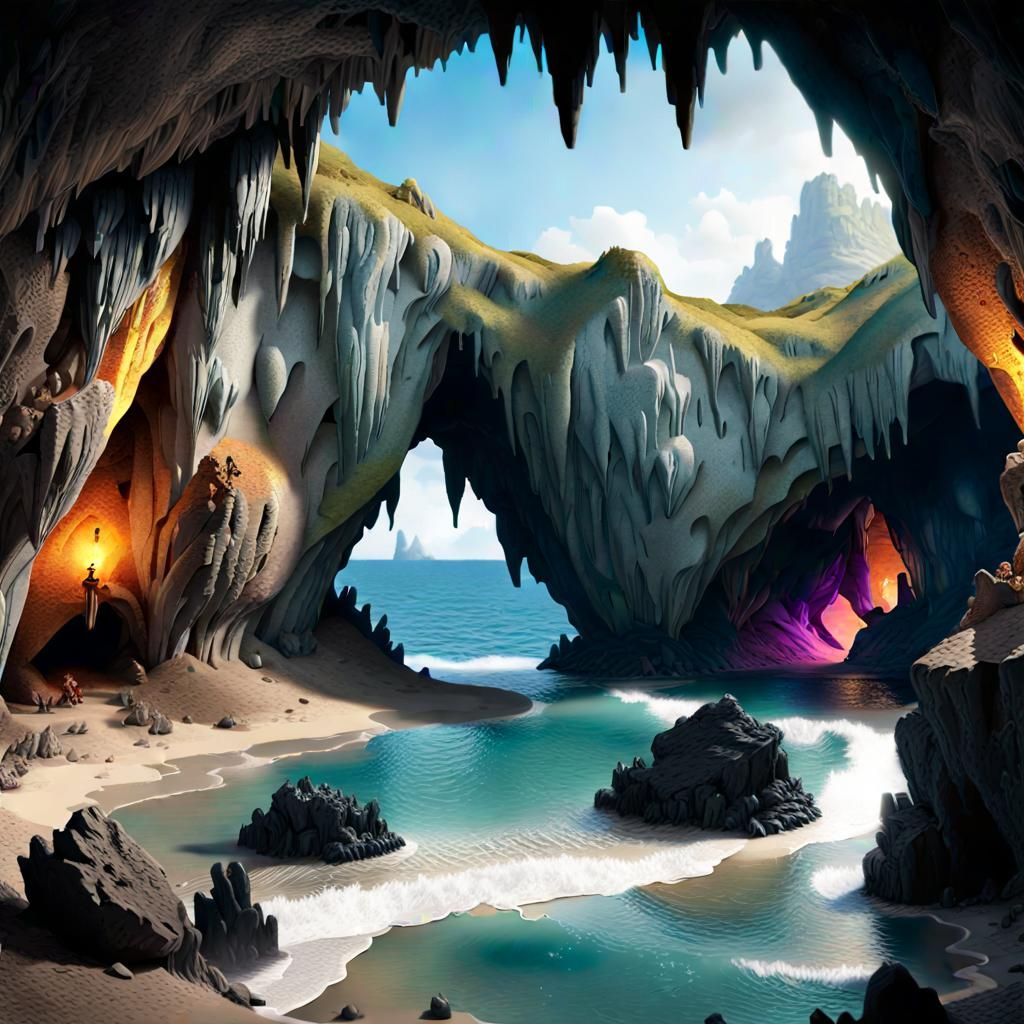 Fantastical Treasure Cave by Coastline: Matte Painting