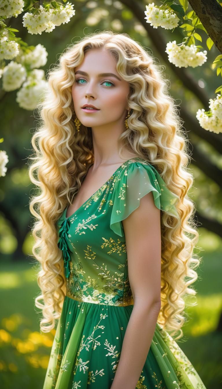 Blonde Woman with Green Eyes in Floral Dress