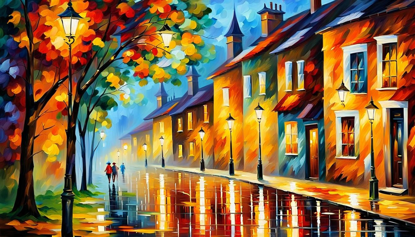 Rainy Village Street at Dusk: An Afremov-Style Oil Painting