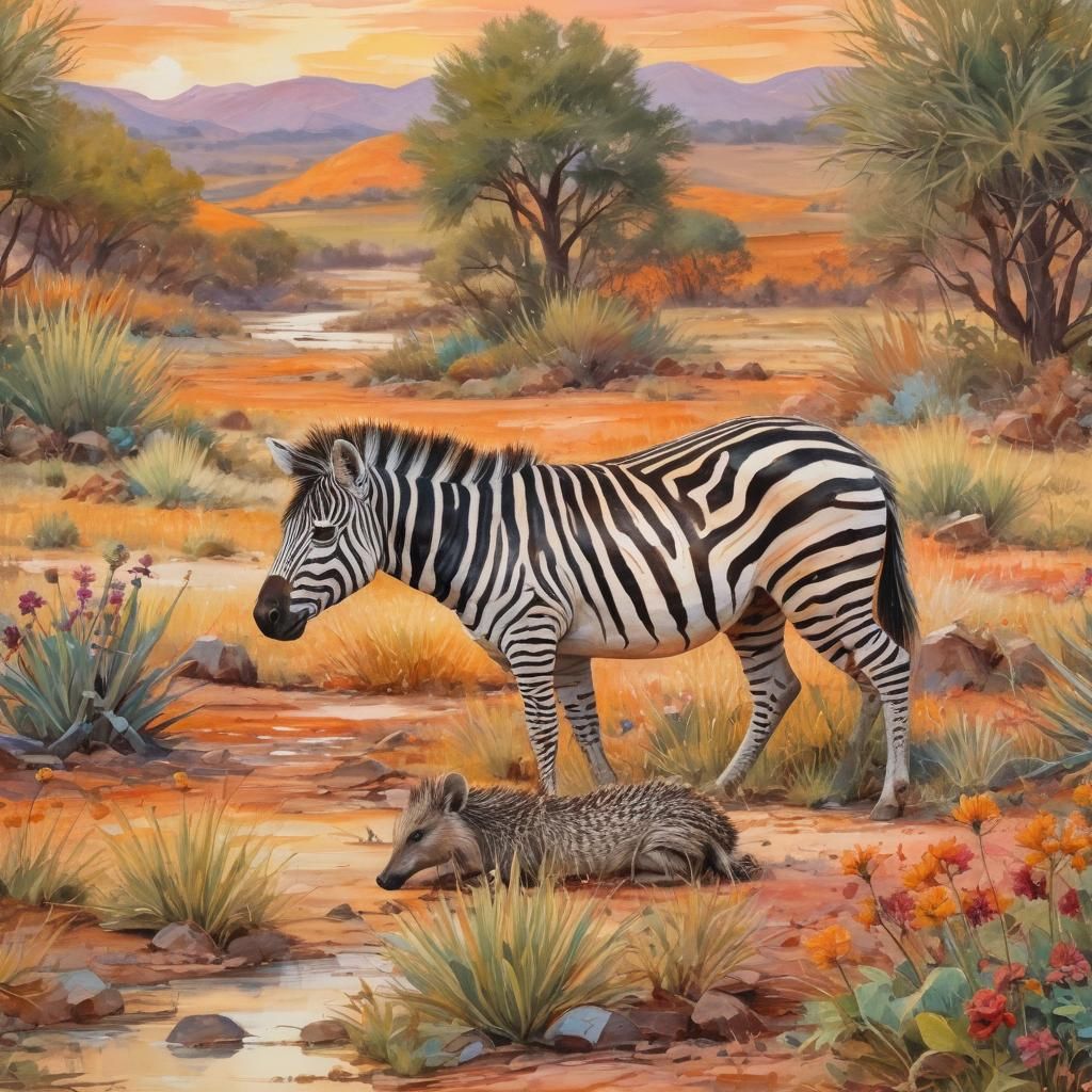 Zebra and Hedgehog Family Embrace: An Impressionist Gouache ...
