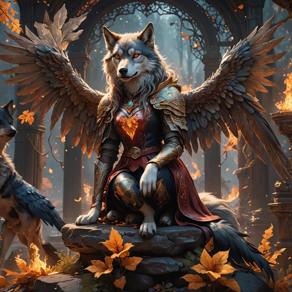 Dream Girl with Firefly Wings on Wolf