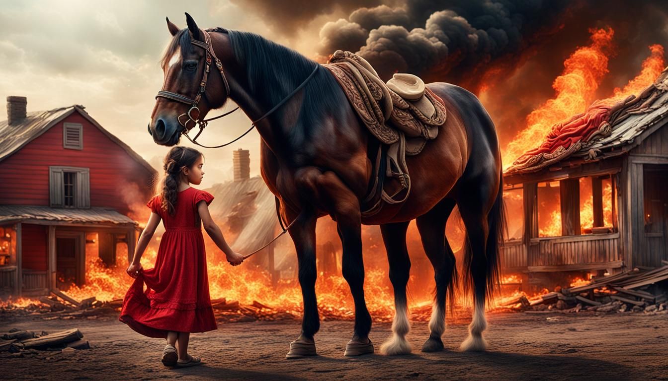 Epic Woman Holding Horse Amidst Burning House
