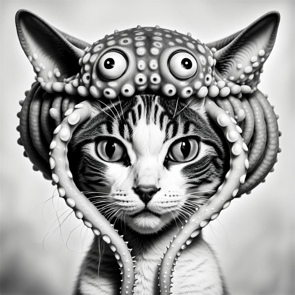 Monochrome Portrait of Tentacled Alien Cat