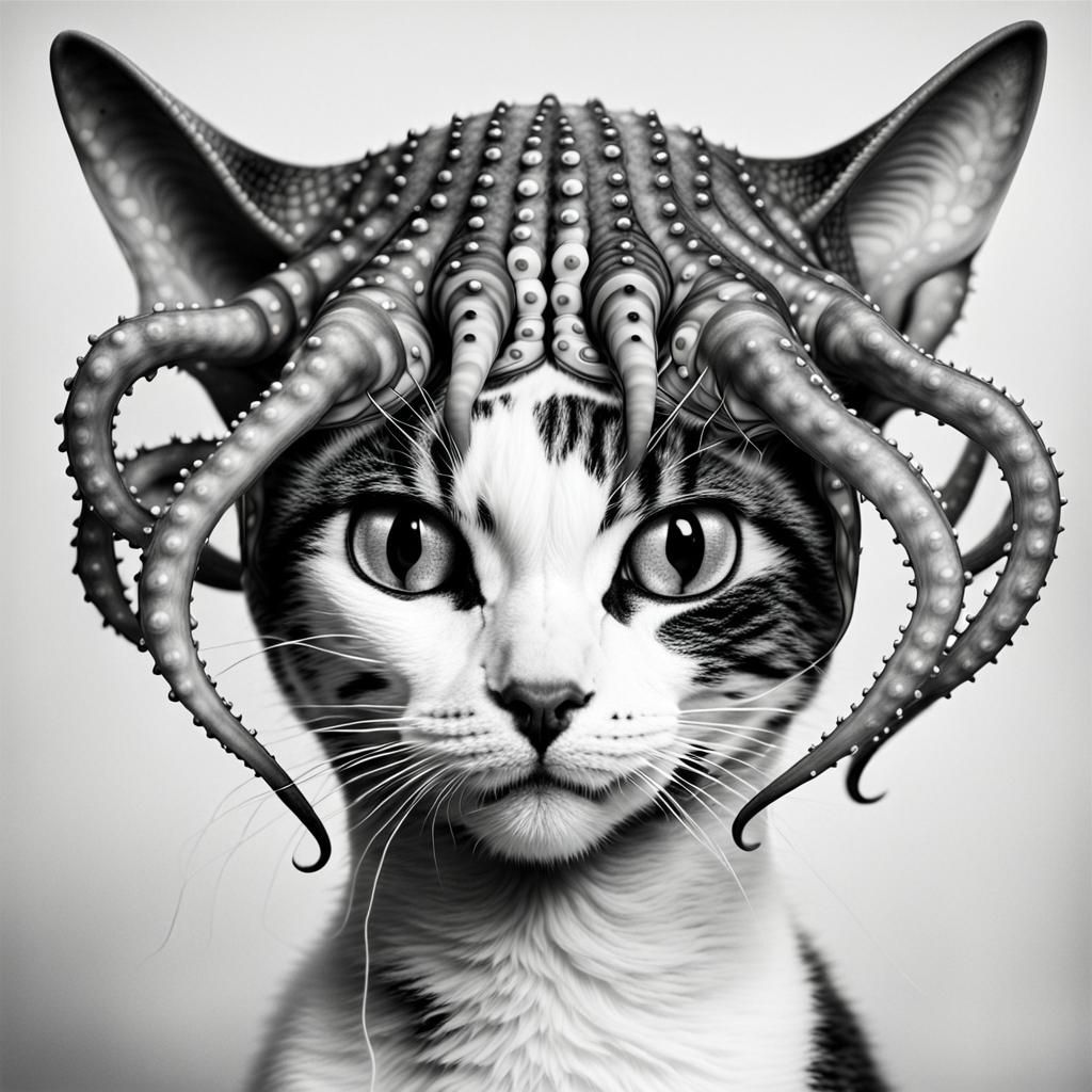 Monochrome Portrait of Tentacled Alien Cat