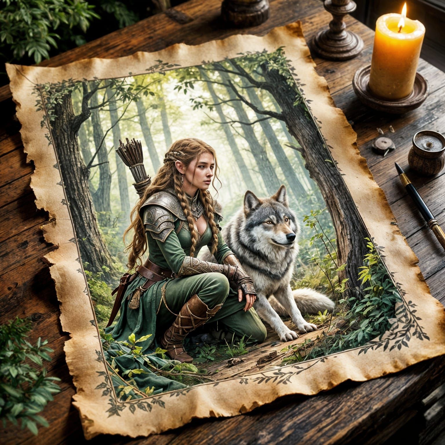 Huntress and Wolf Companion on Parchment Drawing