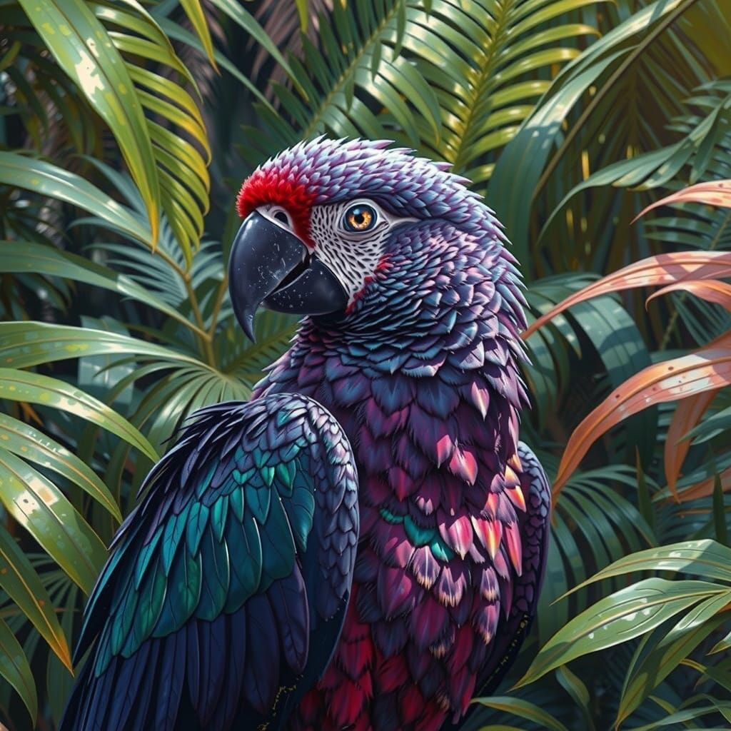 Exotic Purple Parrot Head in Whimsical Storybook Illustratio...