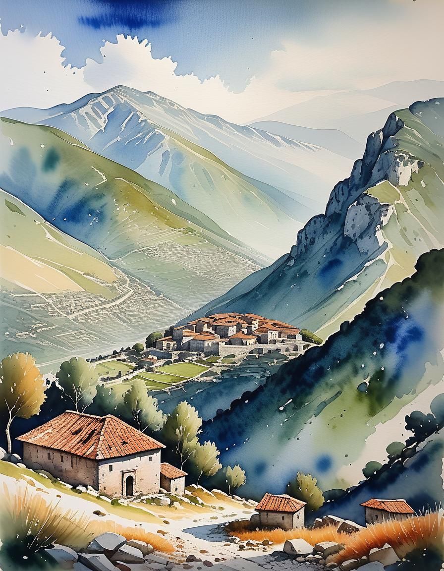 Watercolor Painting of Ancient Albanian Landscape