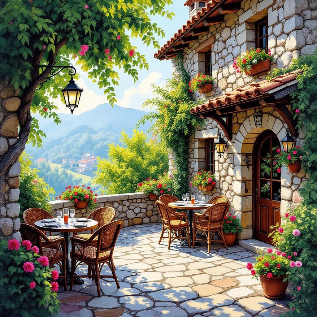 Restaurant Terrace in Charcoal and Gouache Style