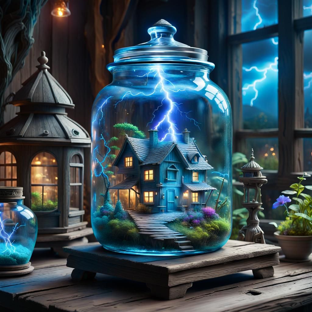 Enchanted Terrarium in Glass Jar with Lightning