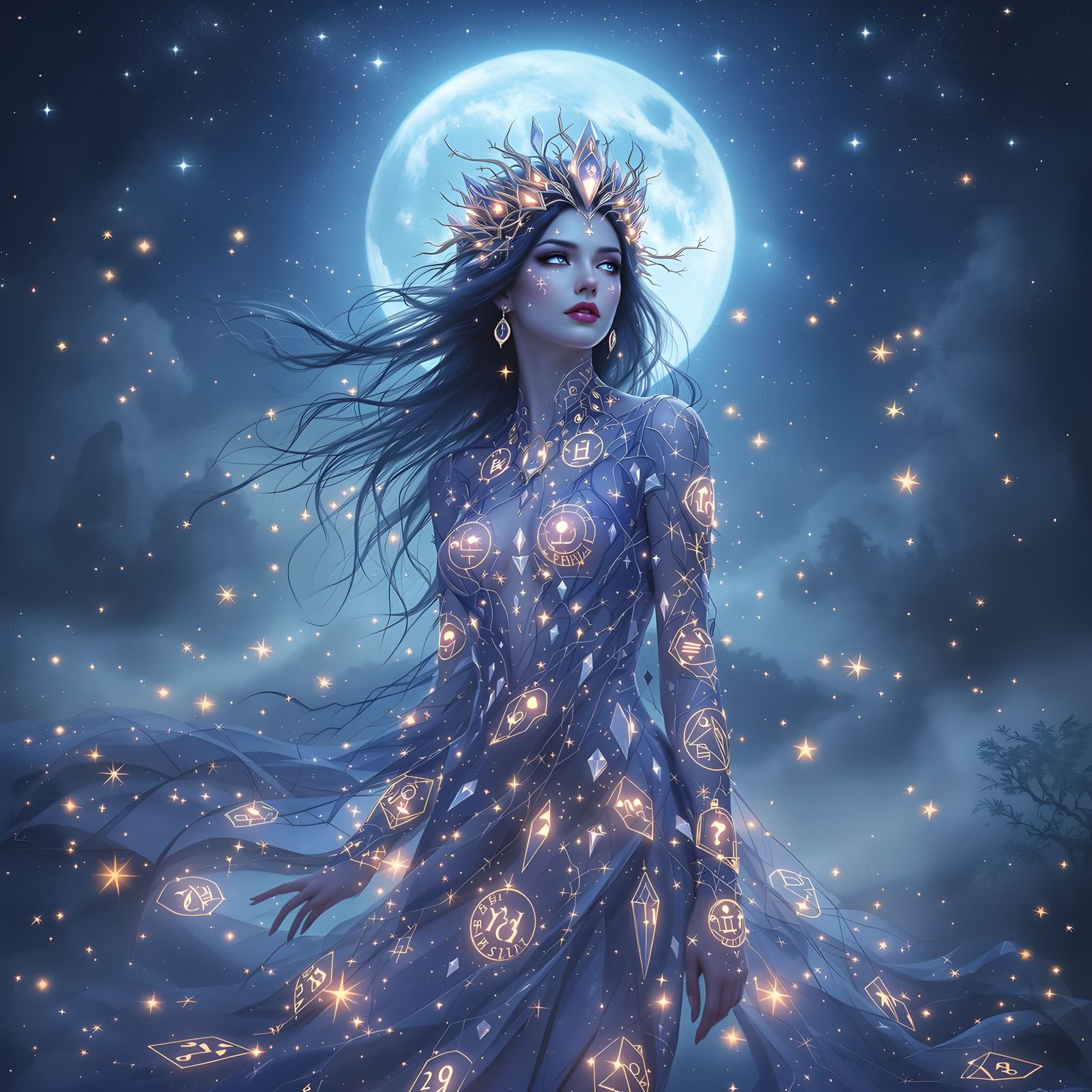 Ethereal Enchantress in Moonlit Forest Glade