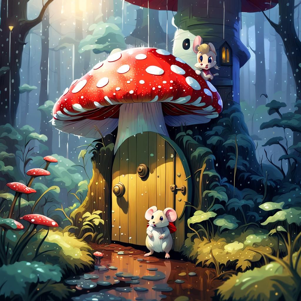 Mouse in Mushroom Home in Rainy Forest
