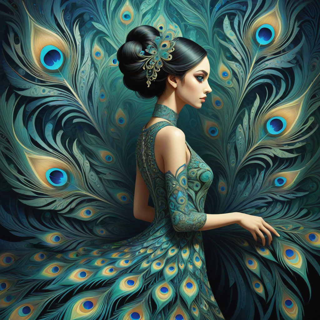 Ethereal Peacock Goddess in Vibrant Fractal Landscape