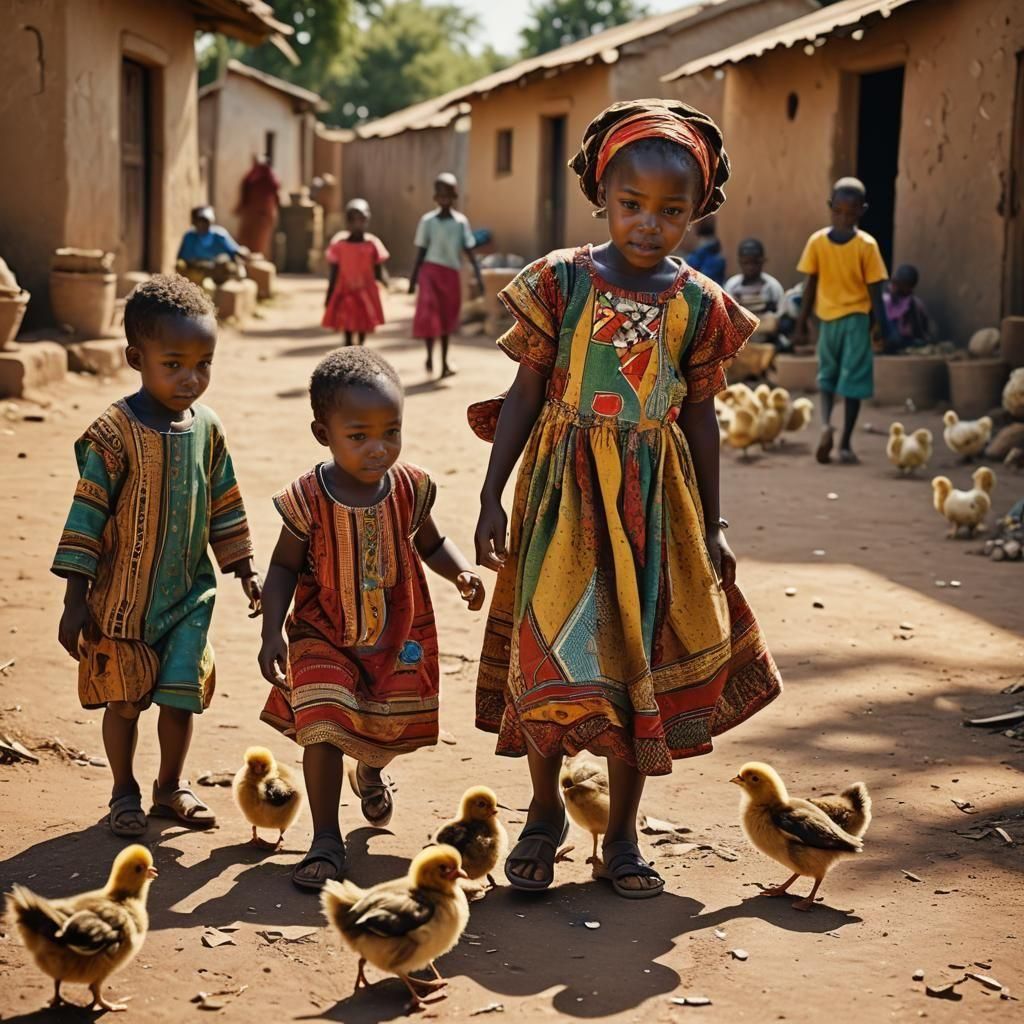 Cute African Children Playing with Chicks in HDR