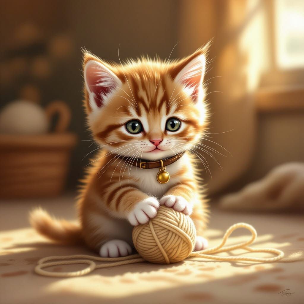 Cute Kitten Plays with Yarn in Whimsical Style