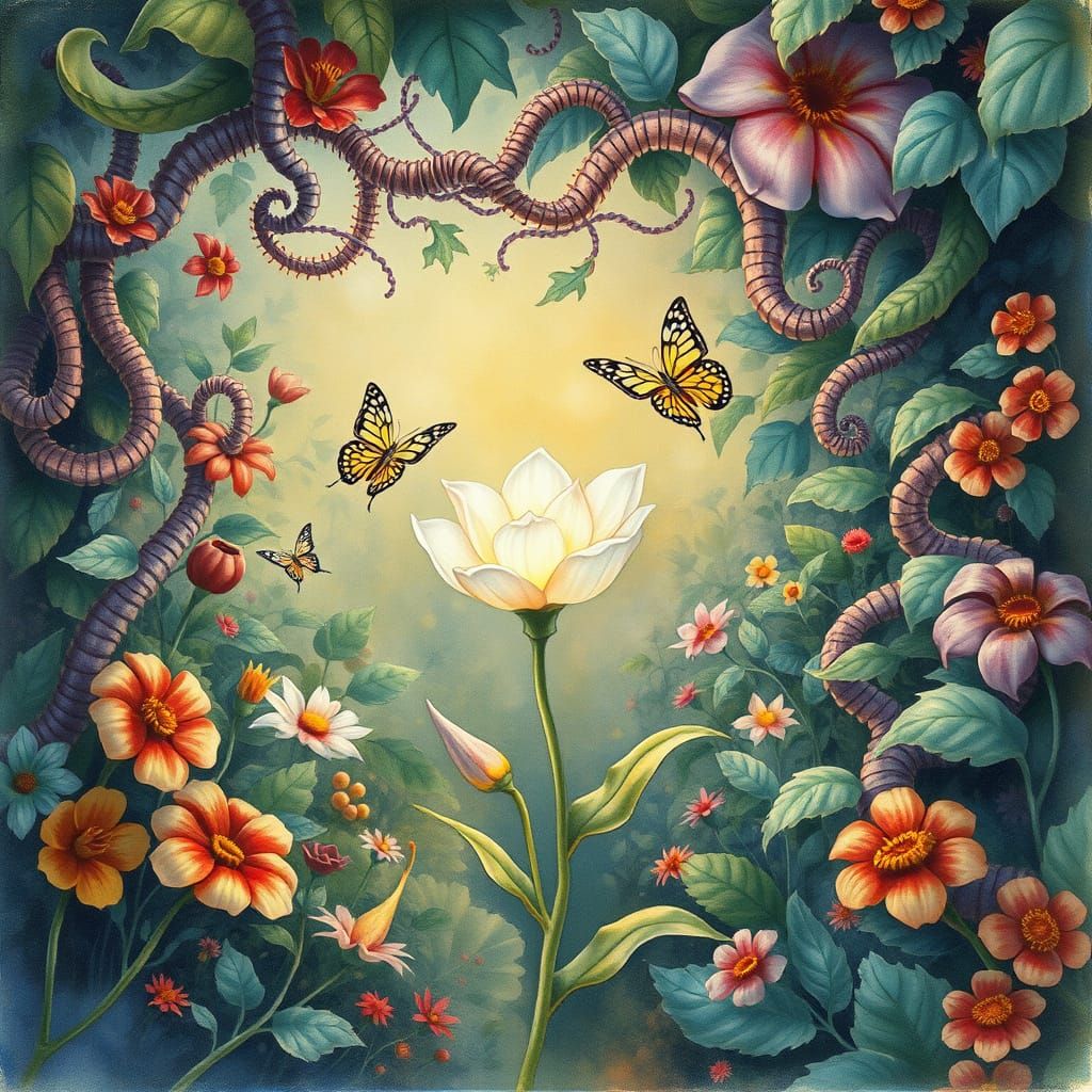 Surreal Garden with Luminous Flower and Stained-Glass Butter...