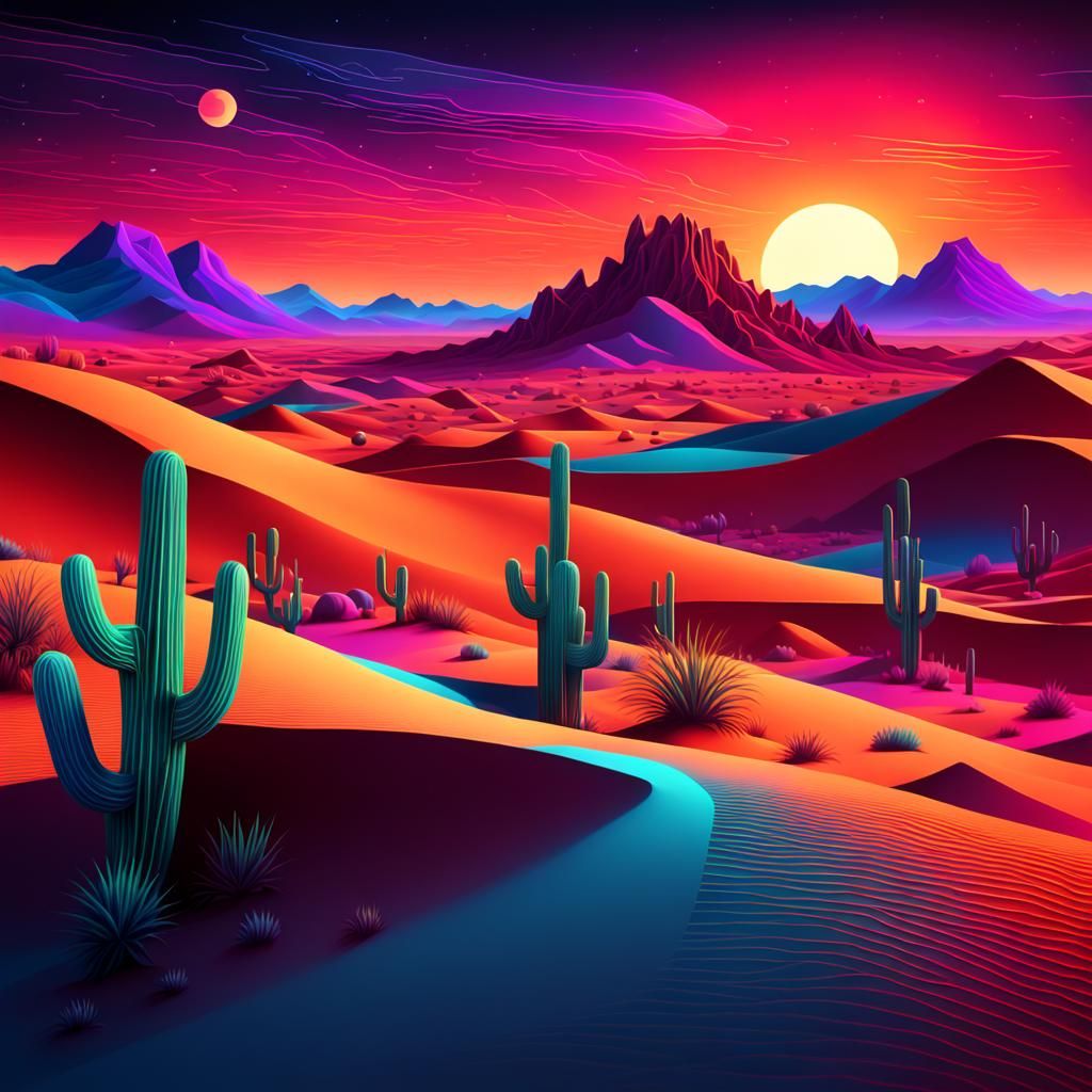 Cubist Neon Desert Night in Matte Painting Style