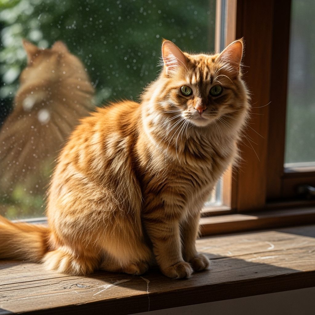 Fluffy Ginger Cat on Windowsill in Warm Afternoon Light