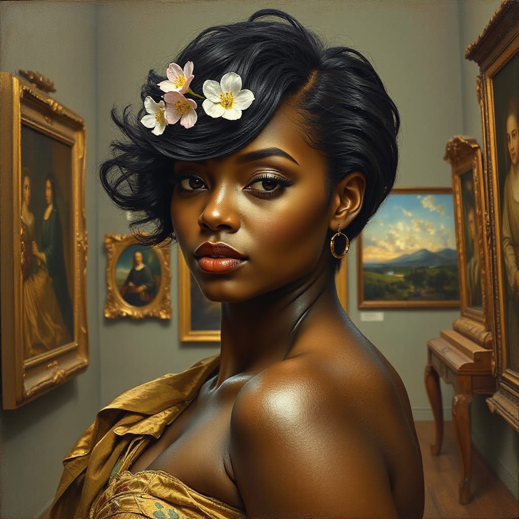 Black Woman in Art Gallery as Oil Painting