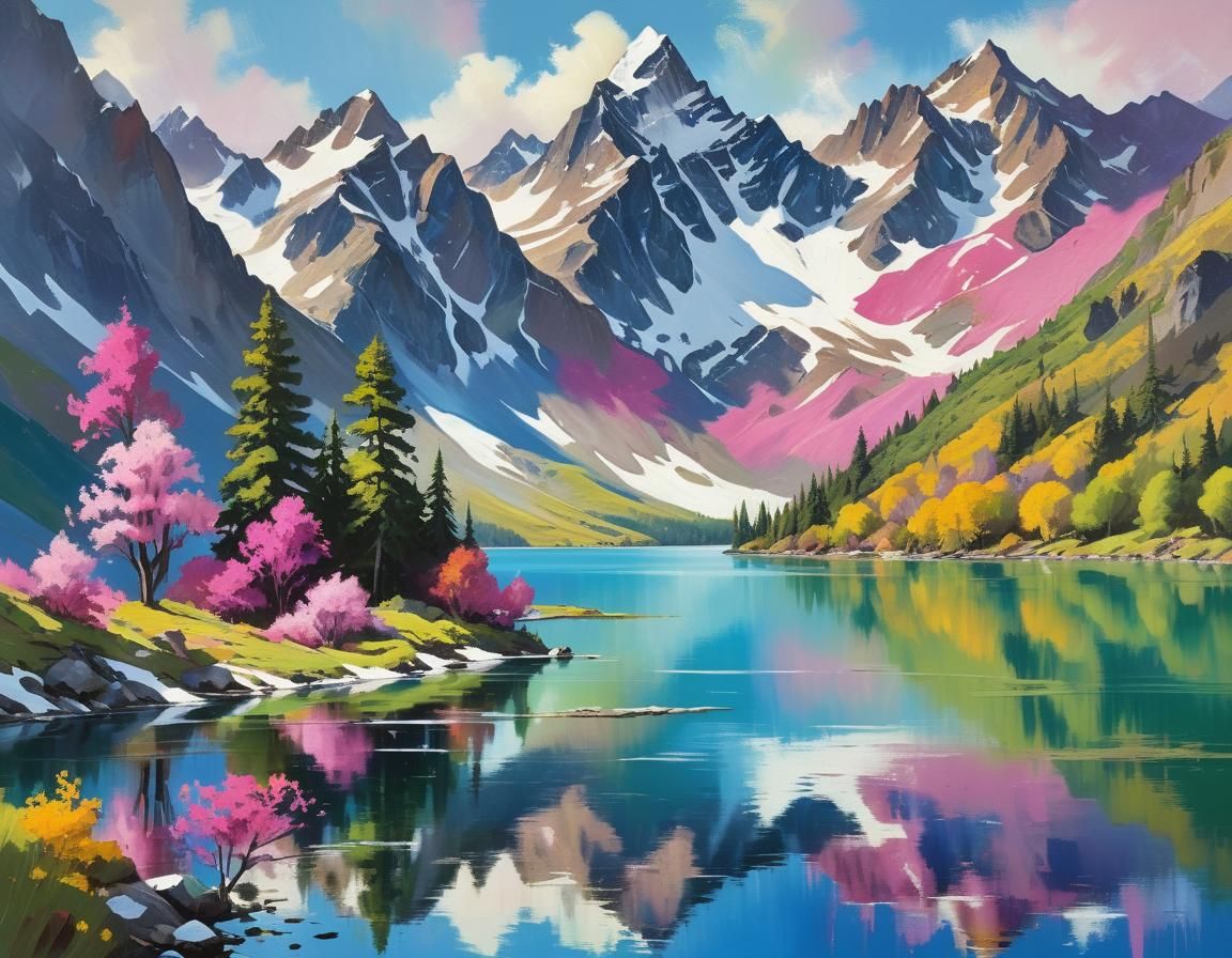 Majestic Snow Mountains Reflect in Lake: Impressionist Water...