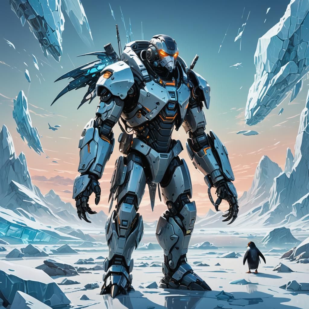 Cybernetic Penguin Warrior in Frozen Cyberpunk Landscape