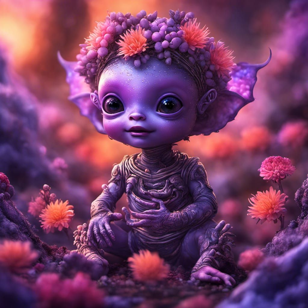 Cute Alien Babies in Bioluminescent Floral Berry Garden