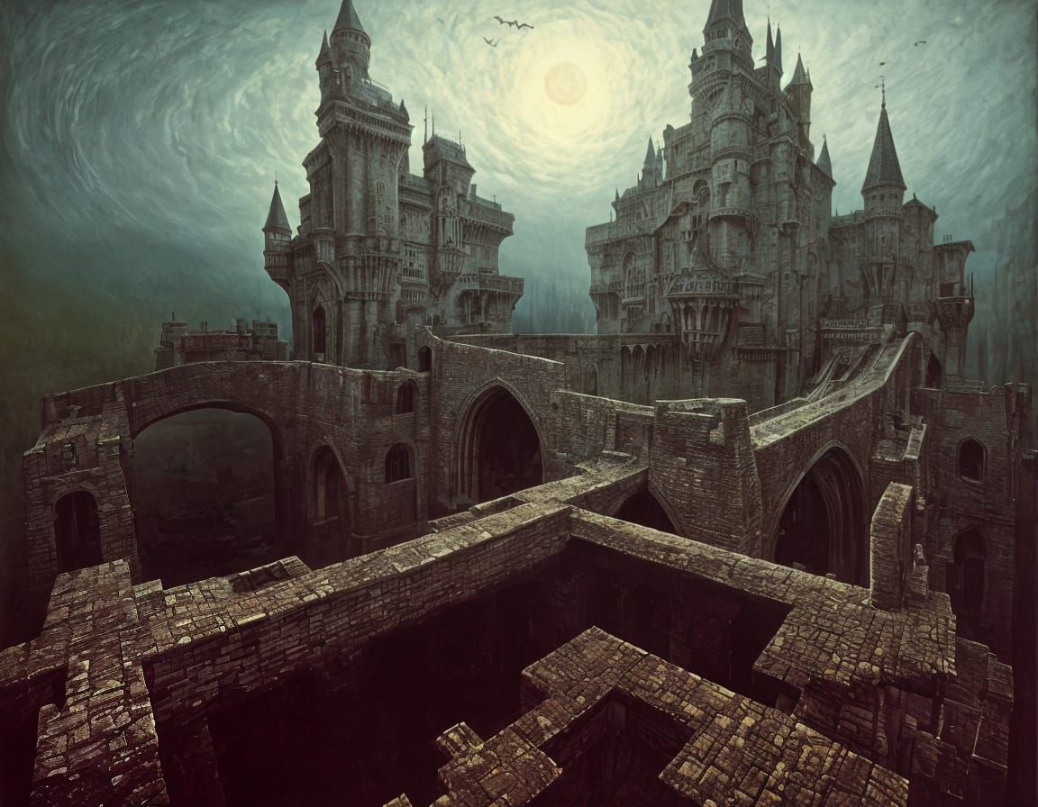 Surreal Castle with Drawbridges in Dreamlike Landscape