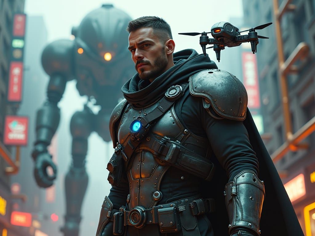 Cyberpunk Warrior Journalist in High-Tech Metropolis