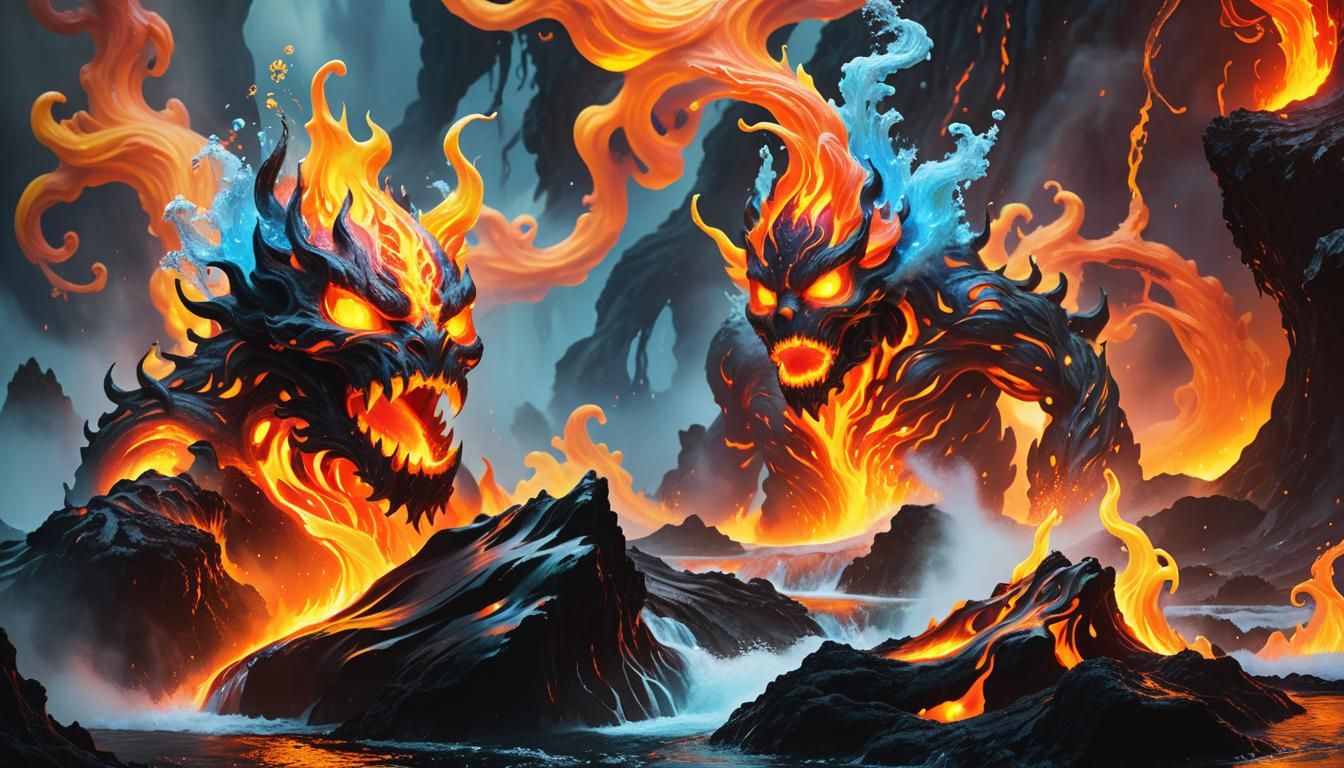 Fire Elemental in Lava with Water Elementals