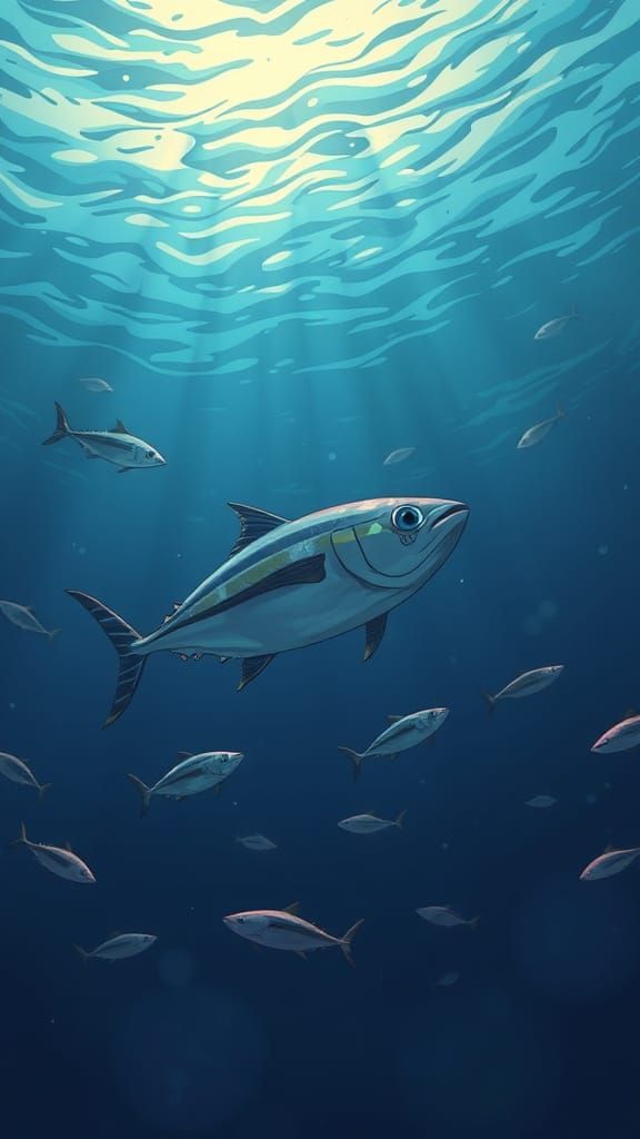 Gentle Tuna School in Deep Ocean Anime Scene