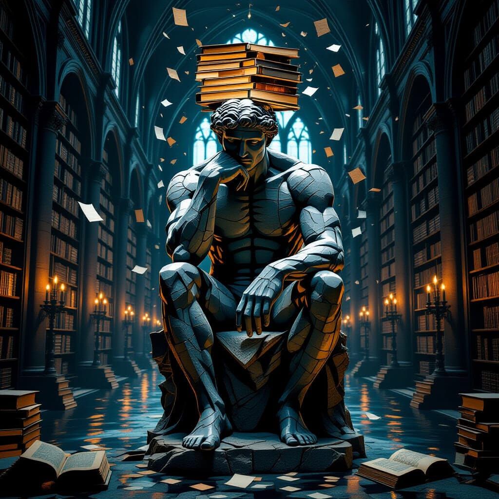 Colossal Stone Thinker in Book Cathedral