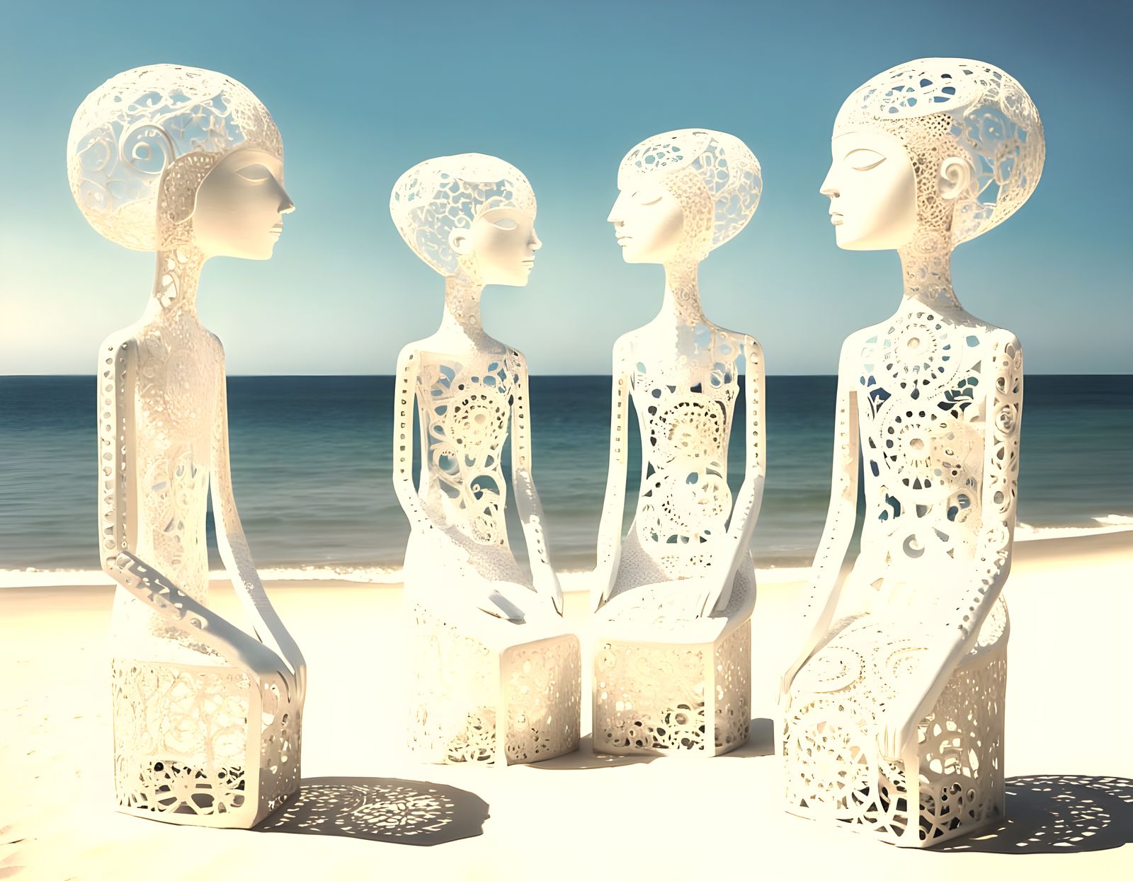 Whimsical Folk Art Beach Scene in Luminous Colors