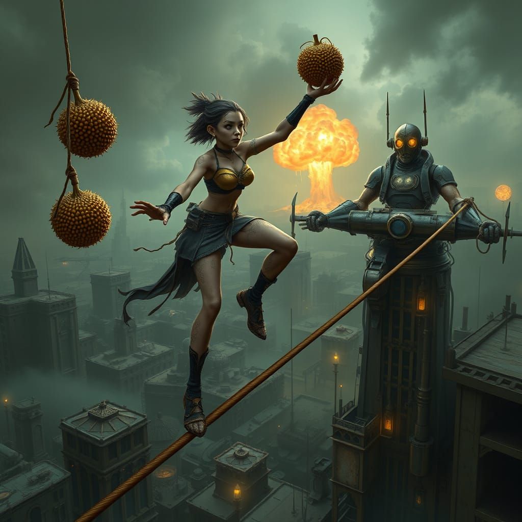 Steampunk Troglodyte Funambulist Juggles Mutated Fruits in D...
