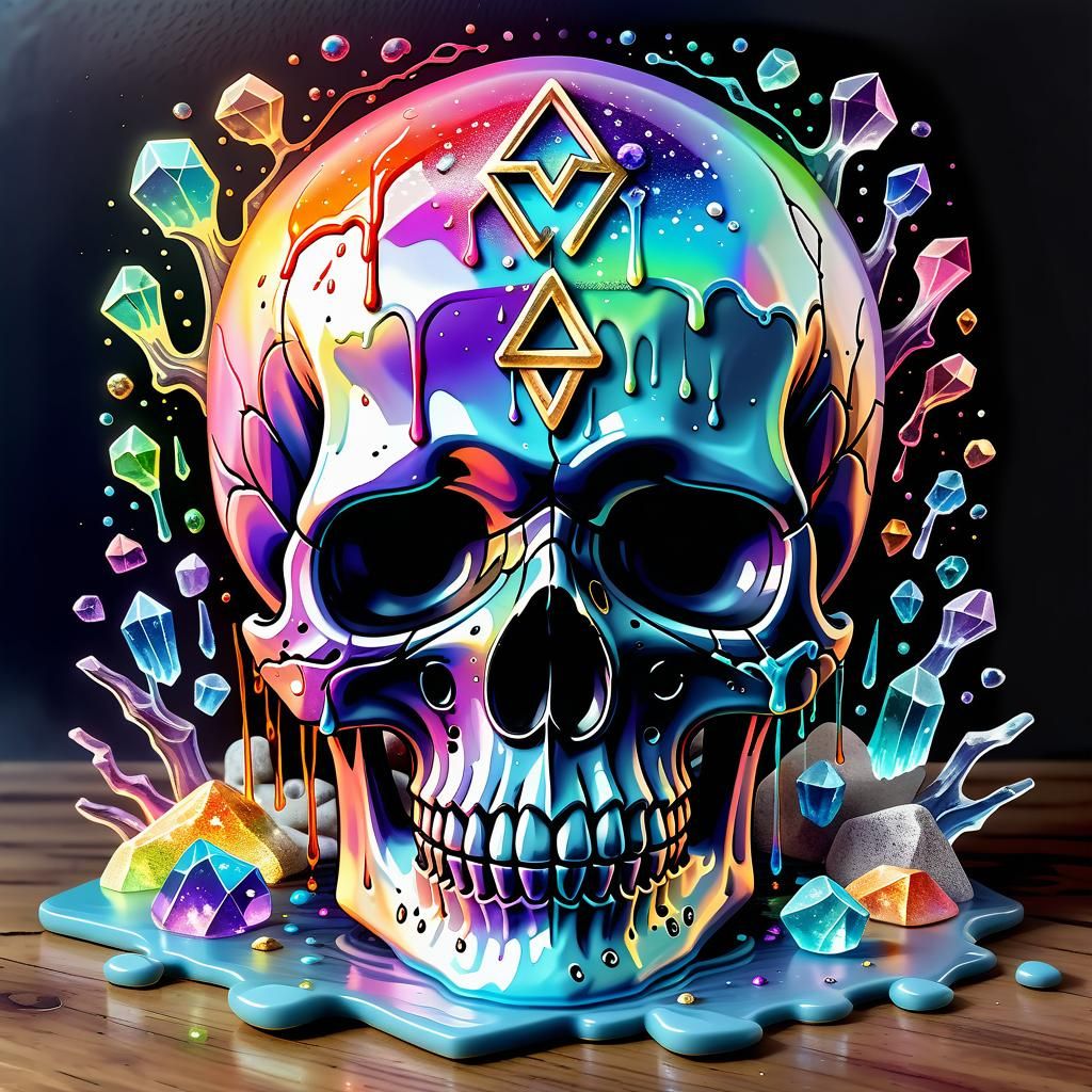 Rainbow Skull Dripping Opalescent Liquid in Watercolour