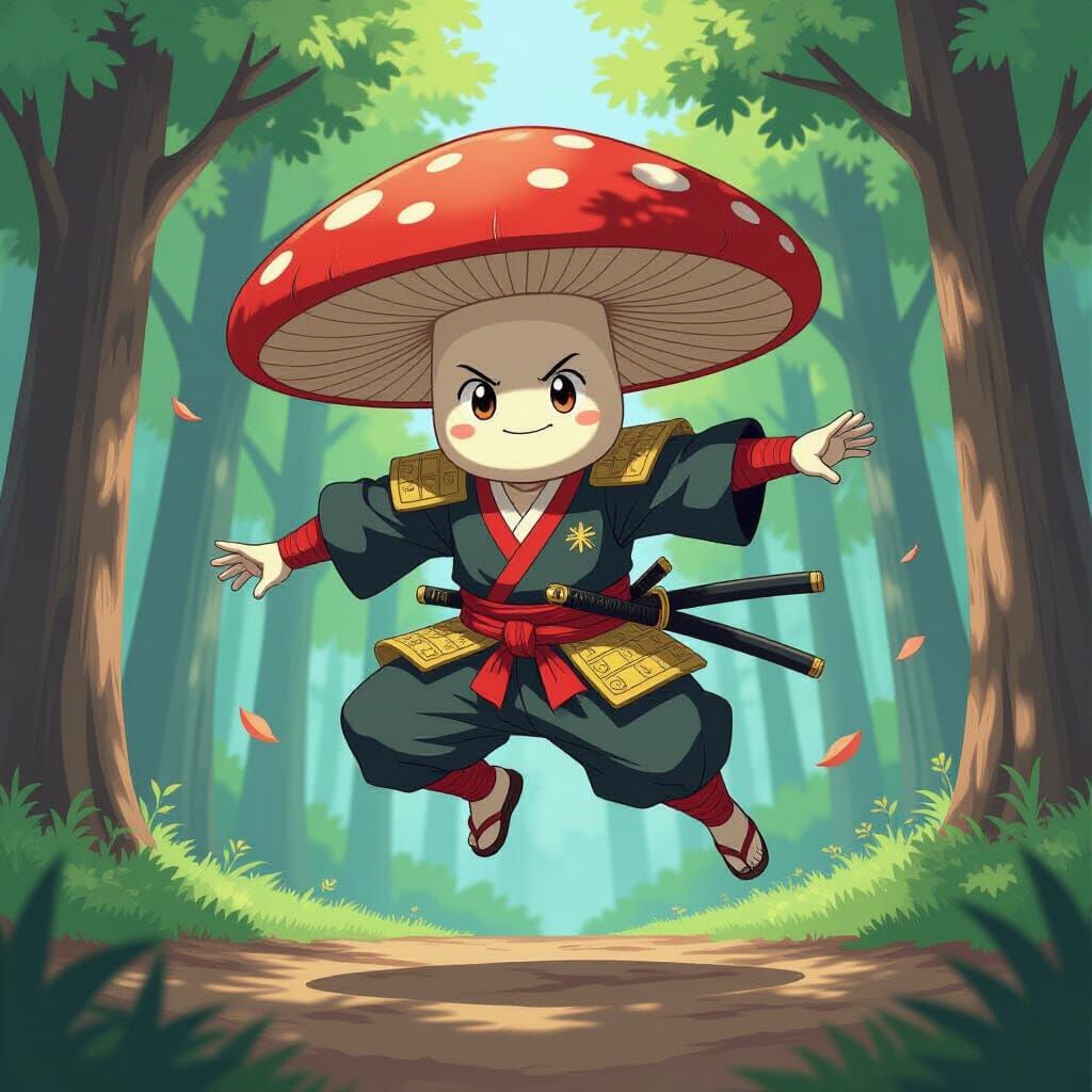 Samurai Shiitake Mushroom Leaping Through Forest in Anime St...
