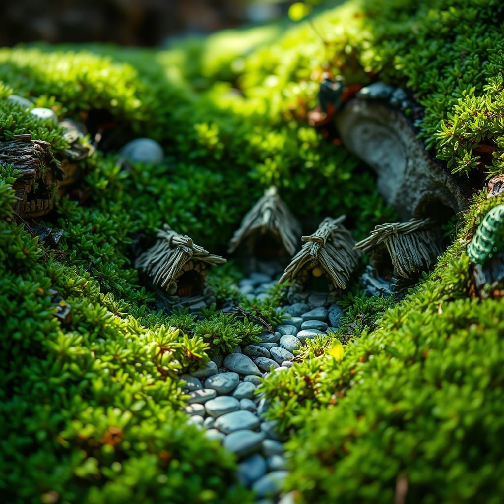 Whimsical Moss Village in Dreamlike Landscape