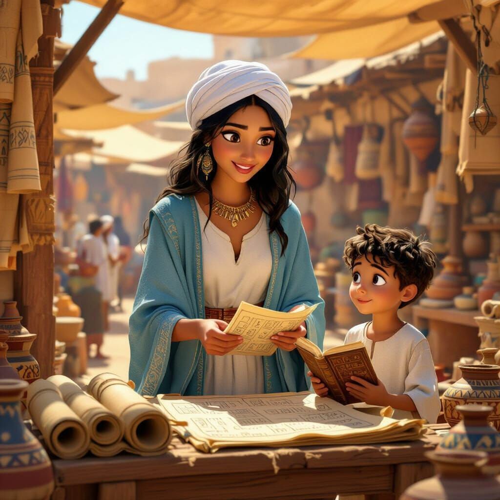 Egyptian Woman and Boy in Ancient Market: Pixar Style