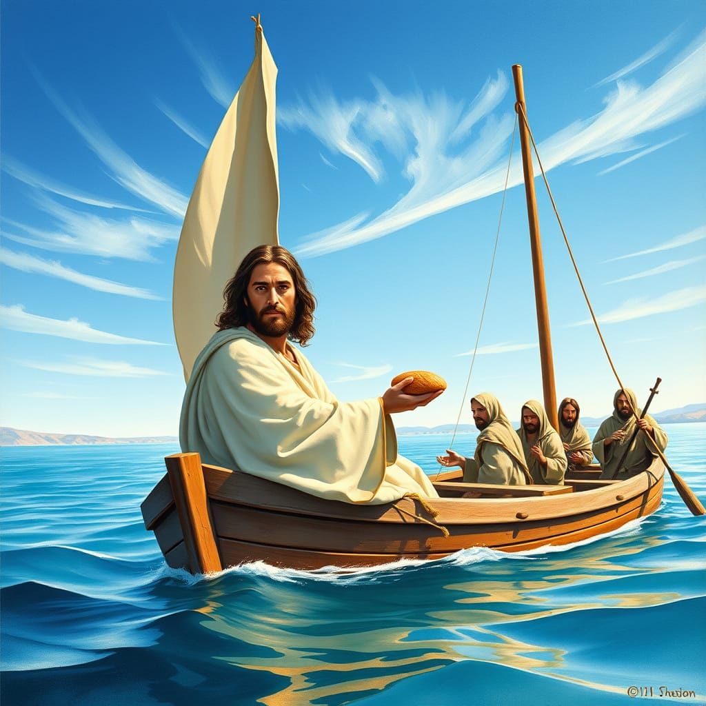 Jesus Christ in Boat on Sea of Galilee Watercolor