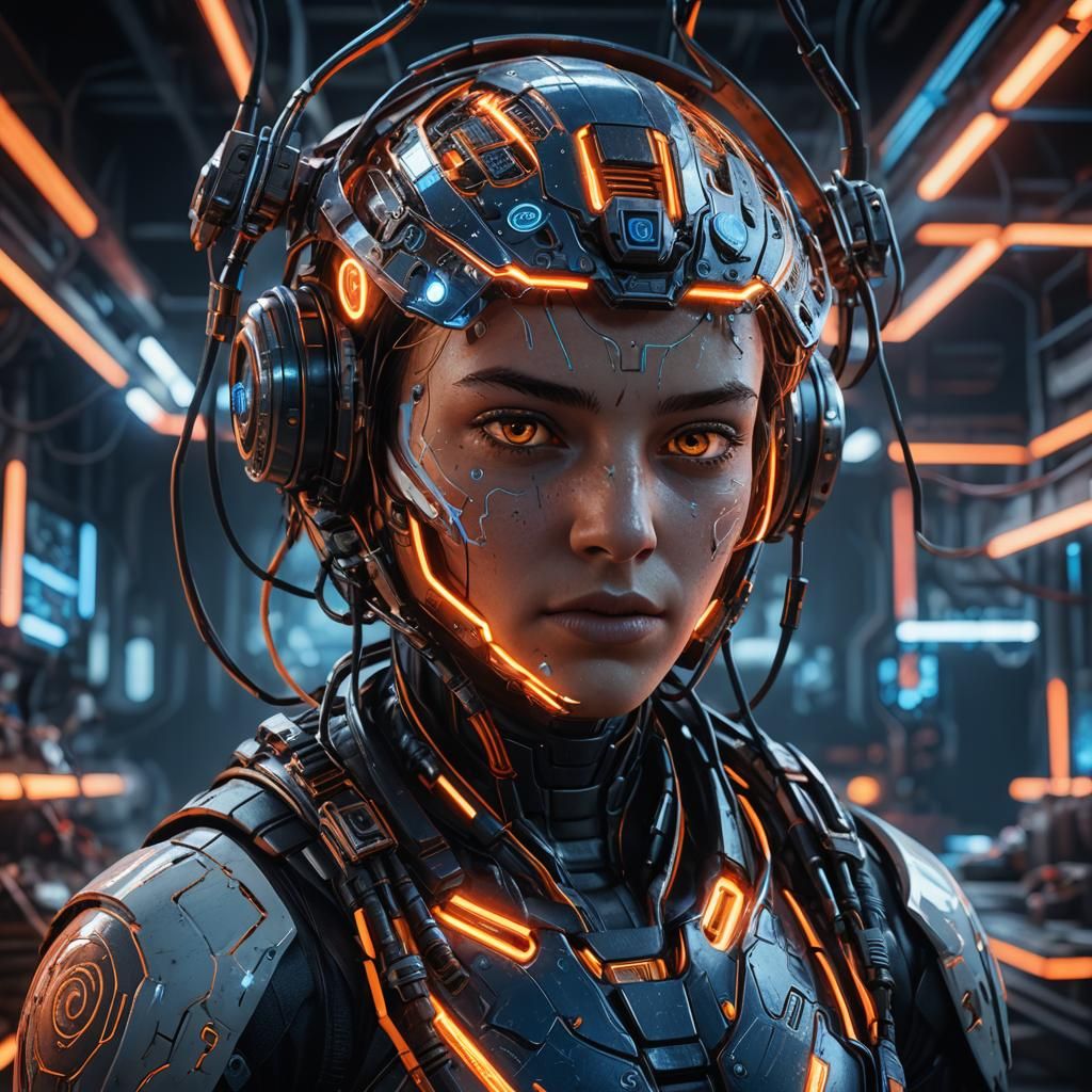 Futuristic AI Robot in Neon-Lit Lab, Unreal Engine 5